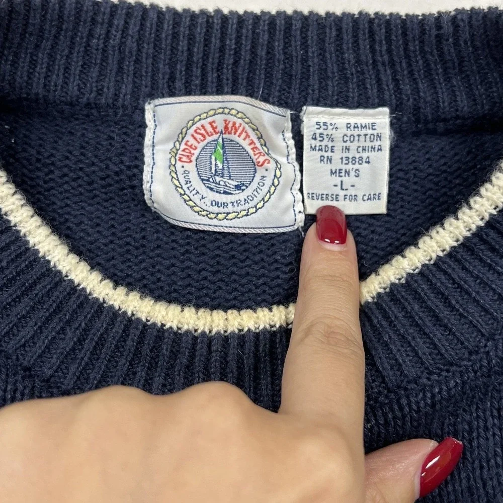 Northern Isles Sailboat Sweater Mens Large Navy Blue Nautical Intarsia Knit